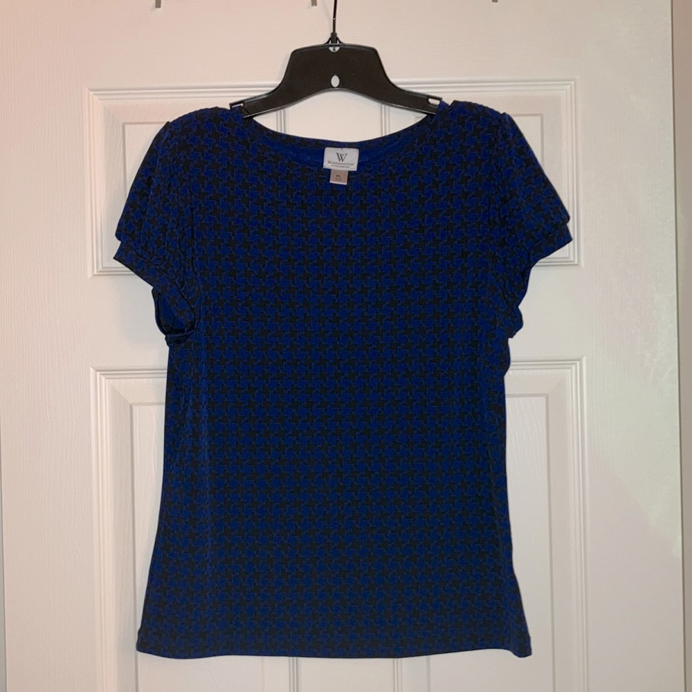 Worthington Stretch Women's Petite Large Patterned Dress Top - Black and Blue